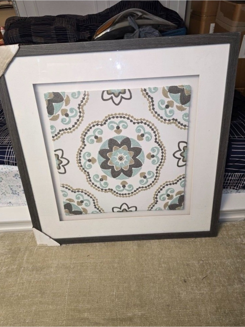 Framed Floral Medallion Wall Art - Teal, Gray & Cream